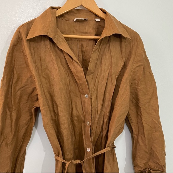 Vince Brown Linen Belted V-Neck Utility Shirt Dress Long Sleeve Tan Office XL - Picture 5 of 10